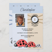 1th Birthdayパーティー写真レディバグズブルーブラウン 招待状 (正面/裏面)