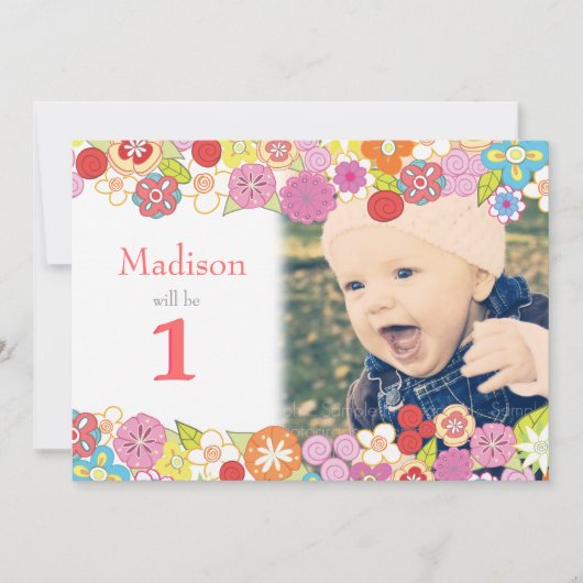 1th Birthday Gardenパーティー花写真招待状 招待状 (正面)