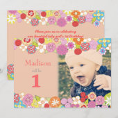 1th Birthday Gardenパーティー花写真招待状 招待状 (正面/裏面)