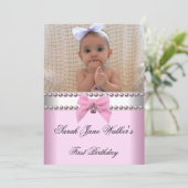 1th Birthday Girl Pink White Pearl Photo First 招待状 (スタンド正面)