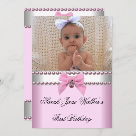 1th Birthday Girl Pink White Pearl Photo First 招待状 (正面/裏面)