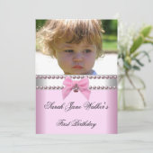 1th Birthday Girl Pink White Pearl Photo First 招待状 (スタンド正面)