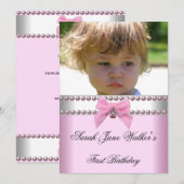 1th Birthday Girl Pink White Pearl Photo First 招待状 (正面/裏面)