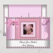 1th Birthday Girl Pink White Pearl Photo First 招待状 (正面/裏面)