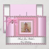 1th Birthday Girl Pink White Pearl Photo First 招待状 (正面/裏面)