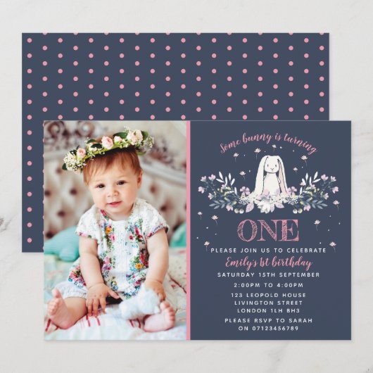 1th birthday invitation - bunnyデザイン 招待状 (正面/裏面)