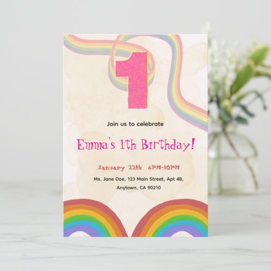 1th Birthday Invitation Girl Editable Rainbow 招待状 (スタンド正面)