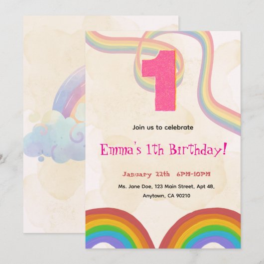 1th Birthday Invitation Girl Editable Rainbow 招待状 (正面/裏面)