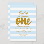 1th Birthday ONE Blue & White ストライプ Births招待状 招待状 (正面/裏面)