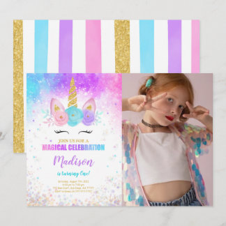 1th Birthday Unicornパーティーフォト招待状 招待状