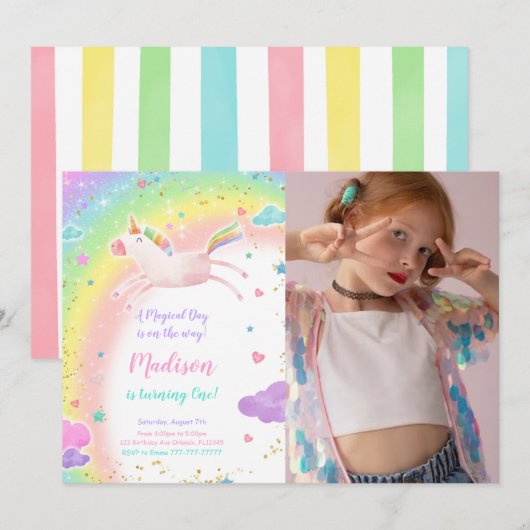 1th Birthday Unicornパーティーフォト招待状 招待状 (正面/裏面)