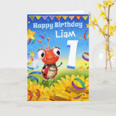 1yr古くカスタムなバースデー・カードの小さいてんとう虫の範囲 カード (黄色い花)