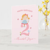 2お洒落歳のおとぎちゃん，女の子たち，かわいいピンク カード (黄色い花)