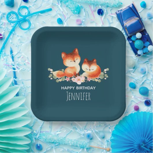 2かわいい小さな赤いキツネ水色デザイン誕生日 ペーパープレート (パーティー)