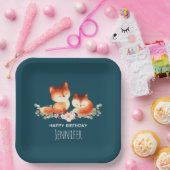 2かわいい小さな赤いキツネ水色デザイン誕生日 ペーパープレート (パーティー)