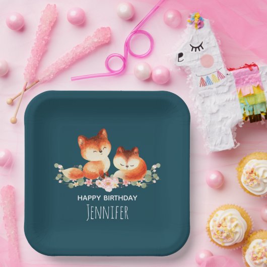 2かわいい小さな赤いキツネ水色デザイン誕生日 ペーパープレート (パーティー)