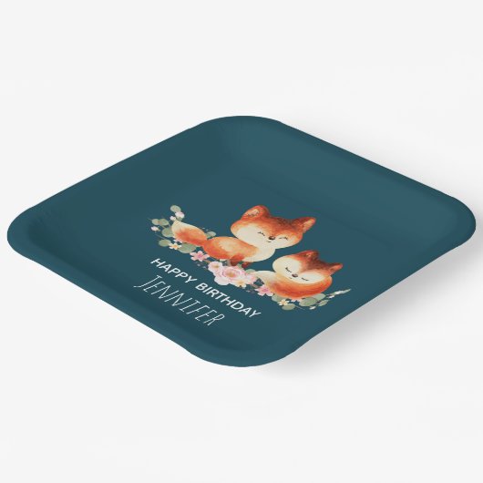 2かわいい小さな赤いキツネ水色デザイン誕生日 ペーパープレート (傾斜あり)