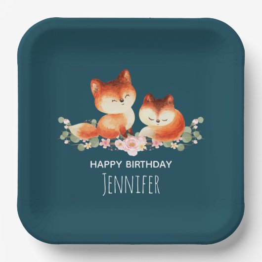 2かわいい小さな赤いキツネ水色デザイン誕生日 ペーパープレート (正面)