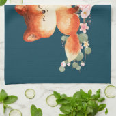 2かわいい小さな赤いキツネ水色デザイン キッチンタオル (折り畳み)