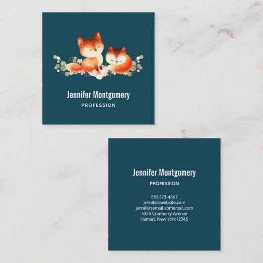 2かわいい小さな赤いキツネ水色デザイン スクエア名刺 (正面/裏面)