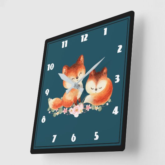 2かわいい小さな赤いキツネ水色デザイン スクエア壁時計 (傾斜)