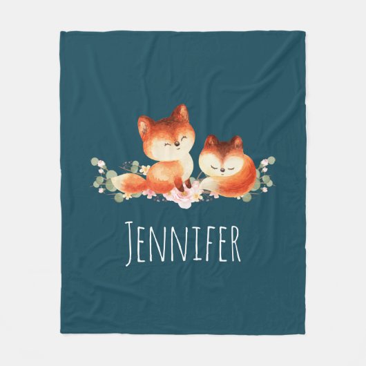 2かわいい小さな赤いキツネ水色デザイン フリースブランケット (正面)