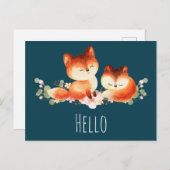2かわいい小さな赤いキツネ水色デザイン ポストカード (正面/裏面)