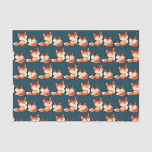 2かわいい小さな赤いキツネ水色パターン 薄葉紙 (正面)