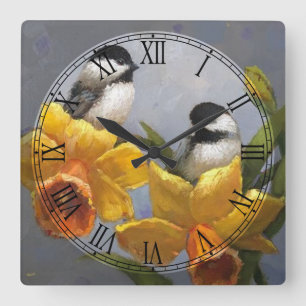 2かわいい小鳥の花ファインアート スクエア壁時計