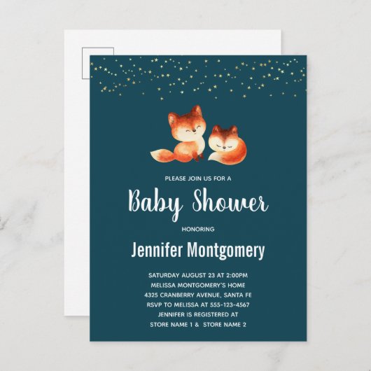 2かわいい赤いキツネ赤いシャワー インビテーションポストカード (正面/裏面)