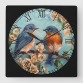 2かわいい鳥の枝にローマ数字のファインアート スクエア壁時計 (正面)