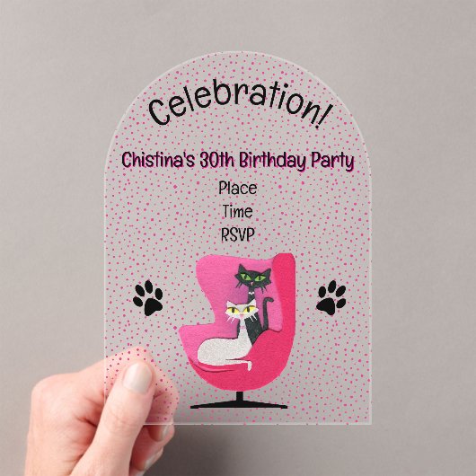 2かわいらし世紀中頃の猫ピンクの椅子は誕生日 アクリル招待状 (インサイチュ (ポータブル))