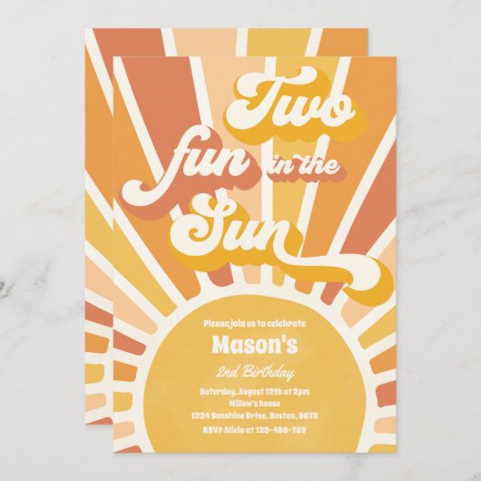 2つのおもしろいの太陽の日差し2nd誕生日パーティー 招待状 (正面/裏面)
