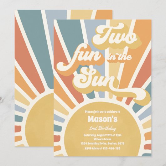 2つのおもしろいの太陽の日差し2nd誕生日パーティー 招待状 (正面/裏面)