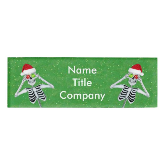 2つのおもしろいクリスマススケルトンオーナメント緑 名札 (正面)