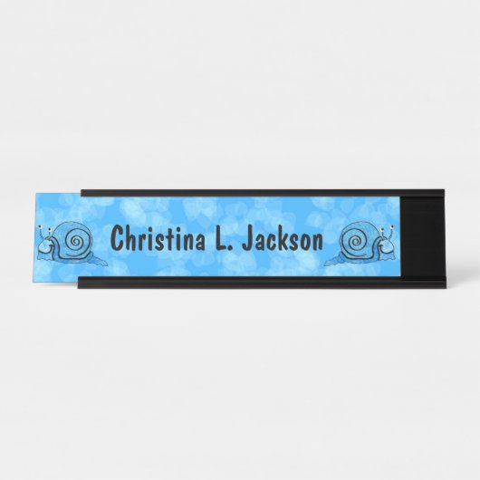 2つのおもしろい漫画カタツムリ絞り染めブルーシェル デスクネームプレート (正面)