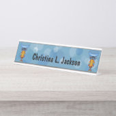 2つのお洒落フクロウカラフルの羽の青い円 デスクネームプレート (正面)