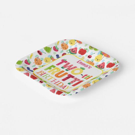2つのかわいこちゃんフルーツフルーツ2nd誕生日パーティー ペーパープレート (傾斜あり)