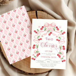 2つのさくらんぼの上のピンクの弓ツインガールベビーシャワー 招待状