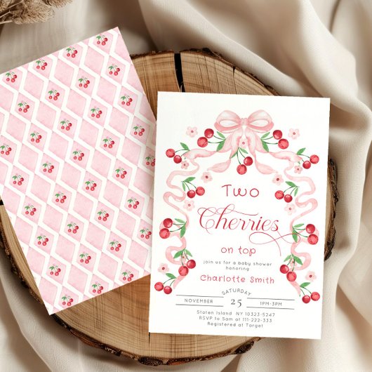 2つのさくらんぼの上のピンクの弓ツインガールベビーシャワー 招待状