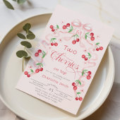 2つのさくらんぼの上のピンクの弓ツインズベビーシャワー 招待状