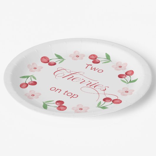 2つのさくらんぼオントップツインズベビーシャワー ペーパープレート (アングル)