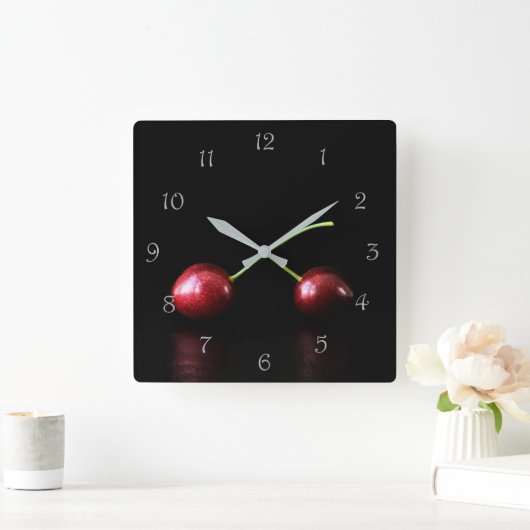 2つのさくらんぼグレーのスクリプト番号wca スクエア壁時計 (ホーム)