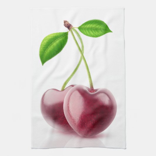 2つのさくらんぼハート キッチンタオル (縦)