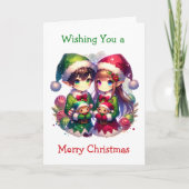 2つのアニメ小妖精や小人 | かわいいクリスマス シーズンカード (正面)