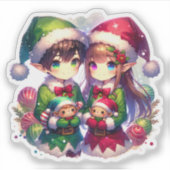 2つのアニメ小妖精や小人 | かわいいクリスマス シール (正面)