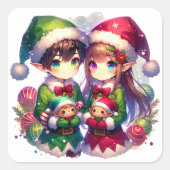 2つのアニメ小妖精や小人 | かわいいクリスマス スクエアシール (正面)