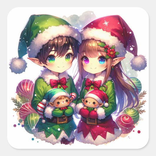 2つのアニメ小妖精や小人 | かわいいクリスマス スクエアシール (正面)