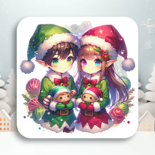2つのアニメ小妖精や小人   かわいいクリスマス スクエアシール