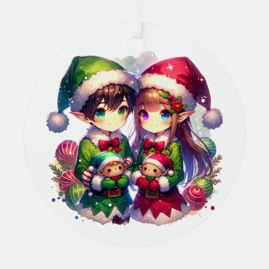2つのアニメ小妖精や小人 | かわいいクリスマス メタルオーナメント (正面)